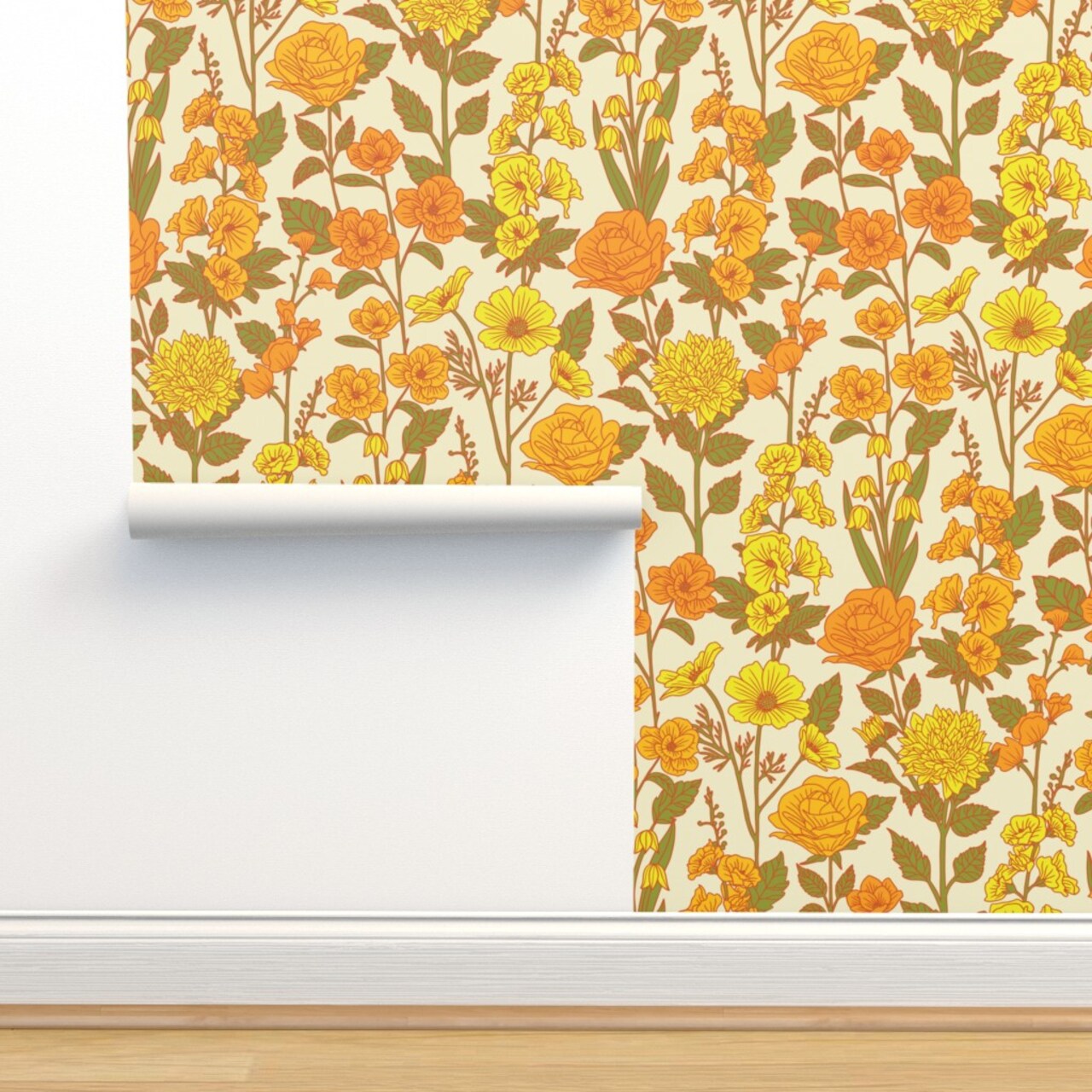 Retro Floral Yellow Orange Green 1970S Flowers Botanical Custom Removable Wallpaper by Spoonflower Peel & Stick Wallpaper 2FT Wide